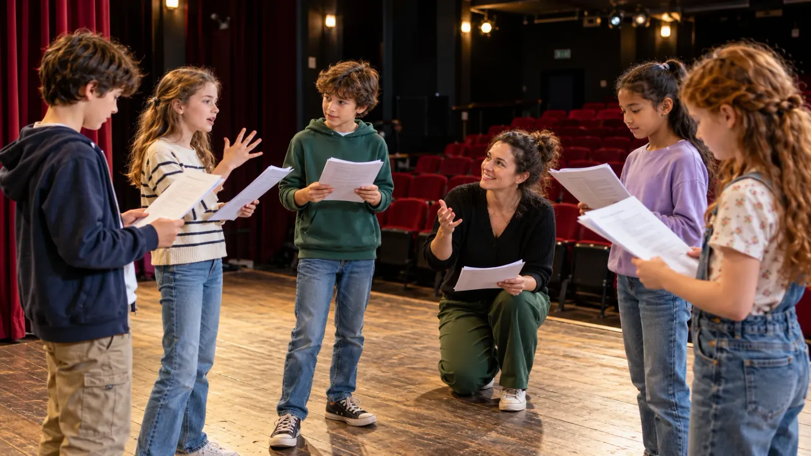 Des enfants en répétition sur scène, texte en main, autour de leur animatrice accroupie au milieu du groupe